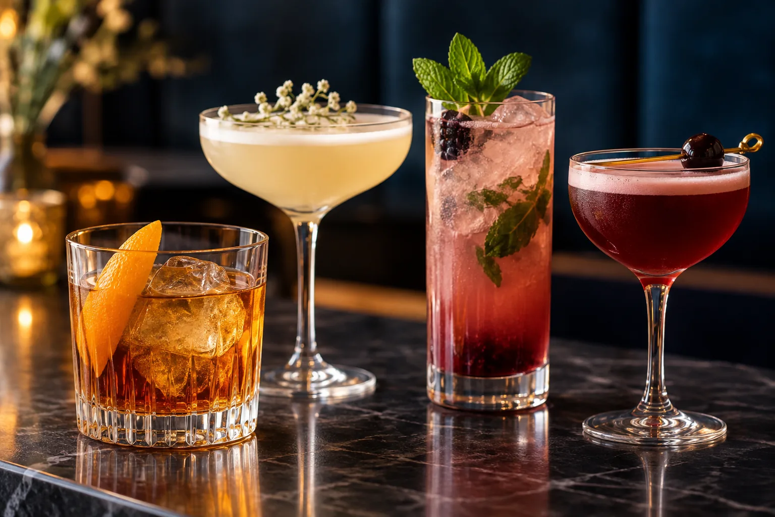 Three colorful cocktails at a warmly lit bar