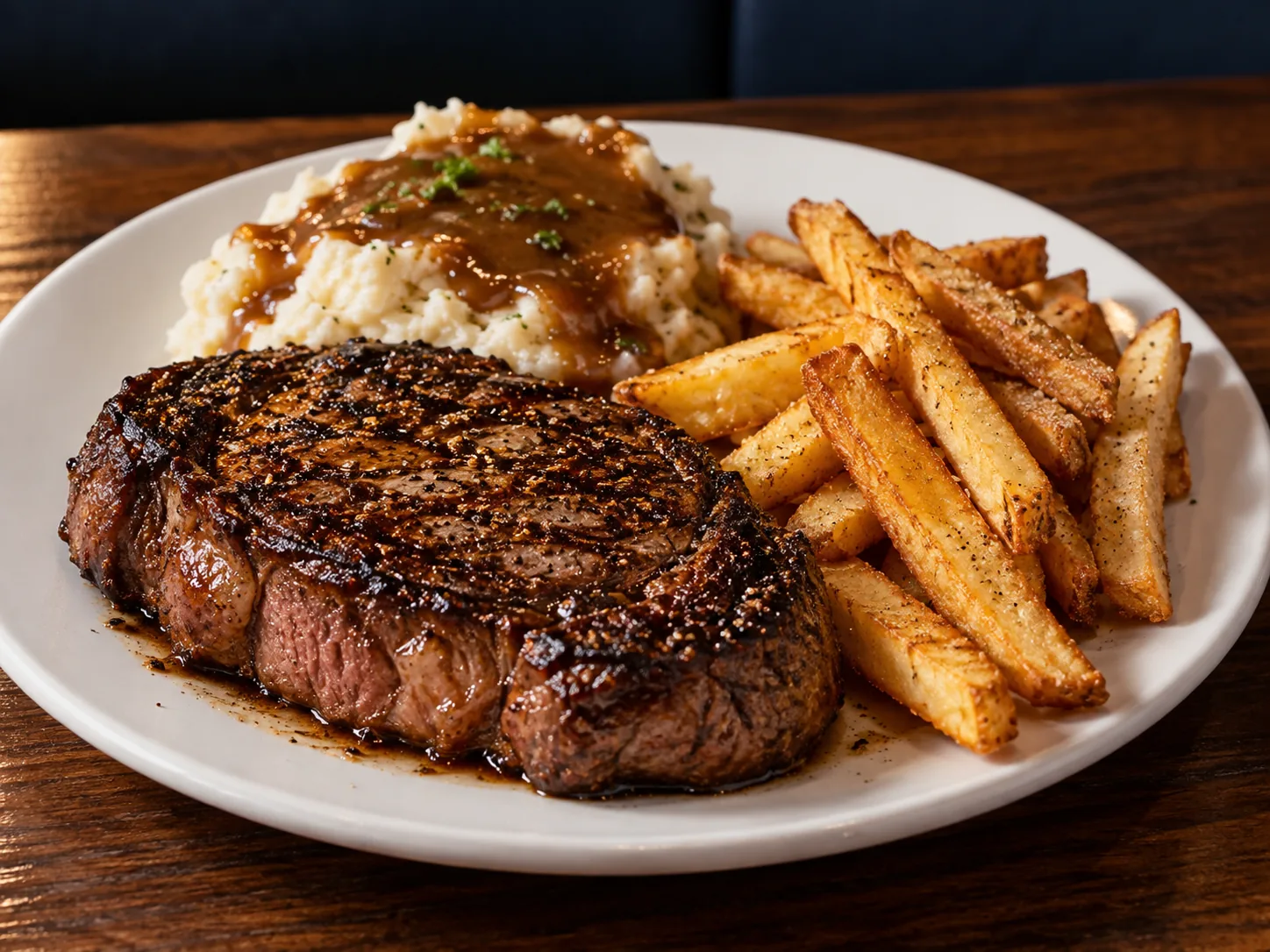 Grilled steak with seasoned fries and mashed potatoes